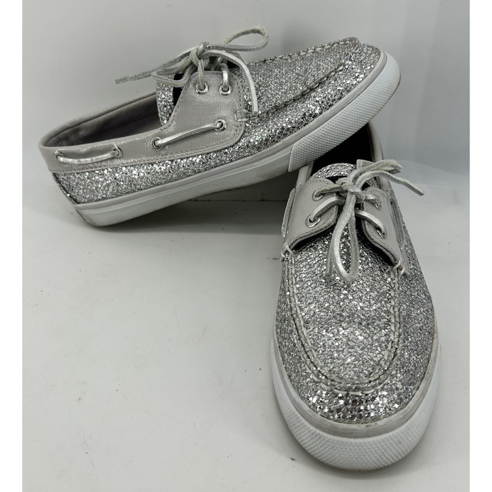 Sperry Topsider Bahama Boat Shoes Silver Glitter Finish Women's Size 7.5M